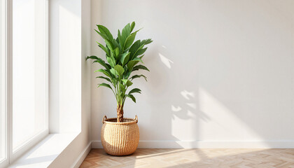 Fototapeta premium Indoor potted plant thriving in bright sunlight against white wall 