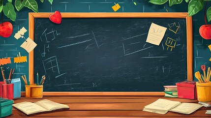 School background with chalkboards, desks, and learning elements for educational websites, classroom designs, and school-themed projects. 
