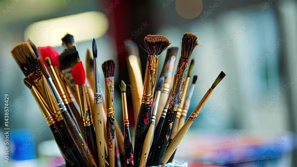 Aufkleber artistic tools arranged in a colorful display showcasing various paintbrushes in a well-lit studio e