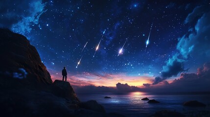 Timelapse view of  meteors over rugged coastal cliffs with solitary stargazer silhouette