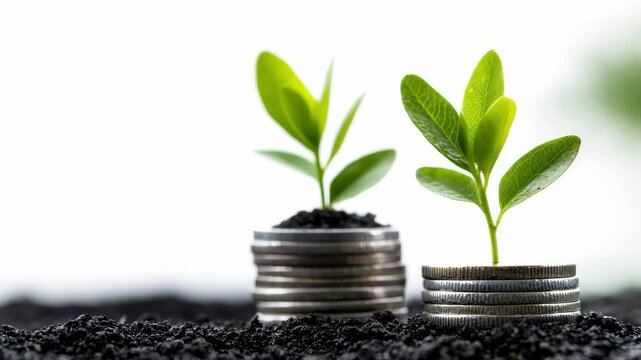 Two small plants sprout from piles of coins resting on dark soil, symbolizing the connection between saving and nurturing growth in a personal finance journey.