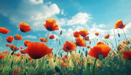 Field of orange poppies under blue sky with white clouds.