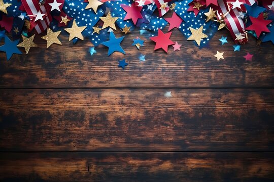 Festive Fourth of July stars and stripes celebration decorations on rustic dark brown wood background perfect for patriotic holiday design projects warm inviting