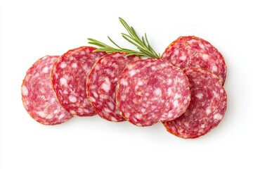 Delicious salami slices arranged artfully with fresh rosemary sprigs a tempting culinary image showcasing vibrant red hues against a