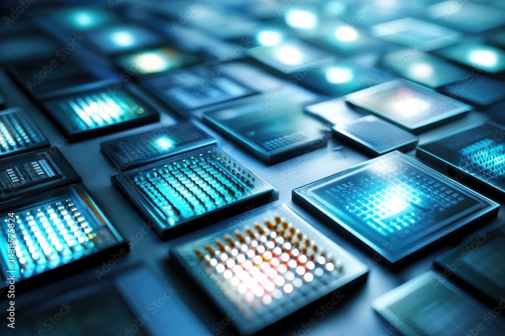Poster Quantum Computer Chips Glowing in a High-Tech Environment Showcasing Advanced Computing Technology and Innovation