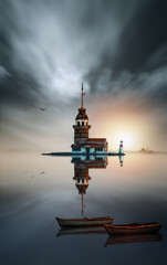 View of Maiden's Tower (Turkish: Kiz Kulesi), also known as Leander's Tower, Tower of Leandros since the Byzantine period. It is a tower on a small islet at southern entrance of the Bosphorus strait.