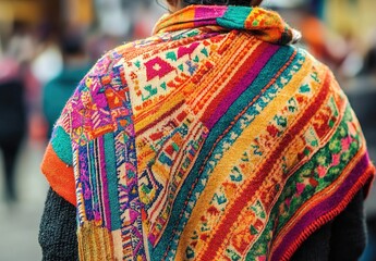 Person's back wearing vibrant traditional-patterned shawl in crowded area.