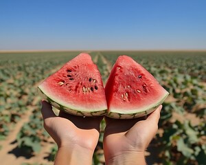 Juicy watermelon slices held against a sun-drenched field