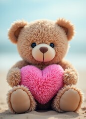 Fototapeta premium Adorable Teddy Bear Holding a Heart on the Beach