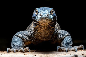 Obraz premium Komodo Dragon Standing Proudly on Sand with Black Background Studio