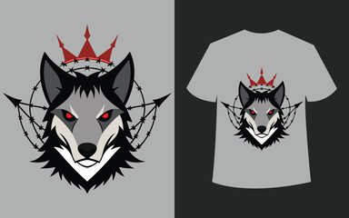 Wolf Royalty: Red Crown & Barbed Wire Graphic on Gray T-Shirt