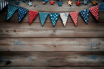 Festive patriotic bunting strung on rustic weathered wood background perfect for 4th of July celebrations featuring red white and blue stars and stripes adds a