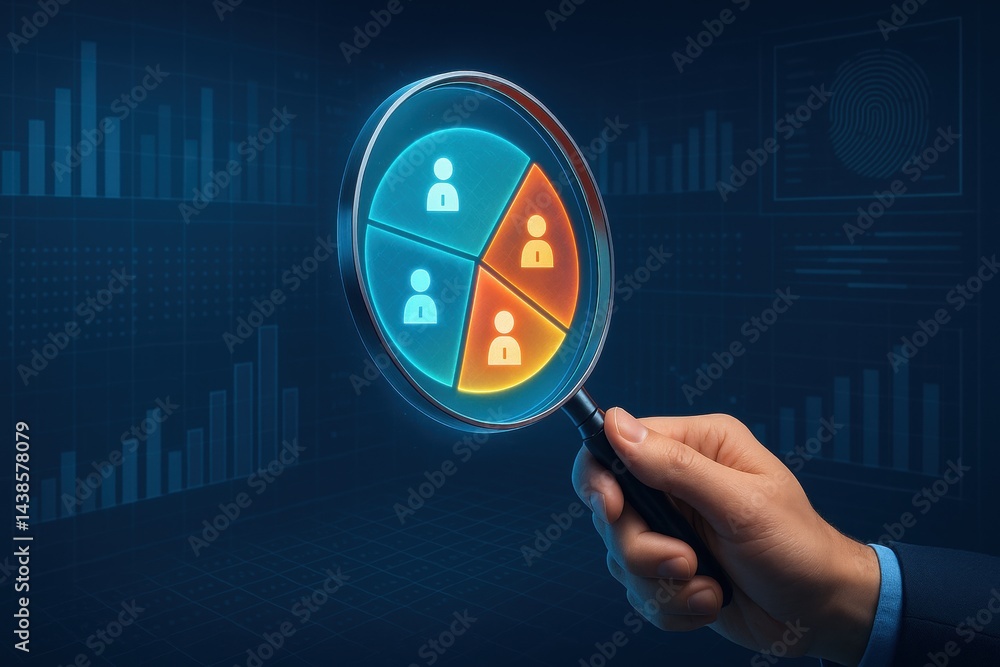 Aufkleber business data analysis: a close-up shot of a hand holding a magnifying glass over a segmented pie ch