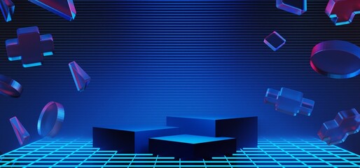 3d illustration rendering of y2k 2000s gamer technology futuristic fantasy metaverse cyberpunk sci-fi display podium abstract background neon-glow