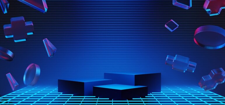 3d illustration rendering of y2k 2000s gamer technology futuristic fantasy metaverse cyberpunk sci-fi display podium abstract background neon-glow - Powered by Adobe
