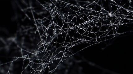 Intricate cobweb strands weaving fragile network over pitch black floating textured serpent