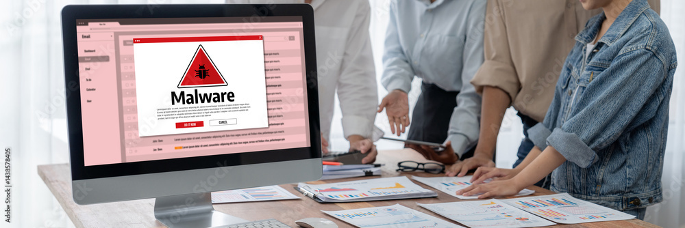 Poster Cyber attacking concept. Malware alert showing on computer screen display scam and threat detection on computer system or online server to be removed brisk.