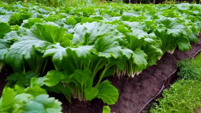 Lush green rhubarb leaves thriving representing garden growth against dark mulch background