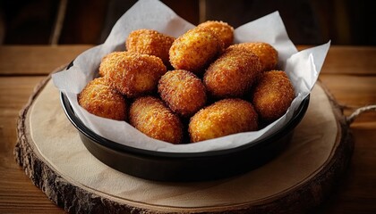 Black bowl holding golden crispy oval snacks on wooden board.