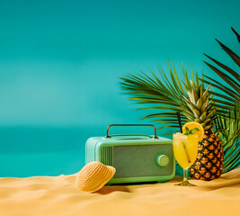 Tropical concept with cocktail on the beach with retro turquoise blue radio, exotic fruit and summer hat on sands.