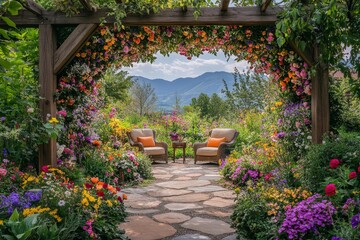 Obraz premium Flower-filled garden patio with mountain views