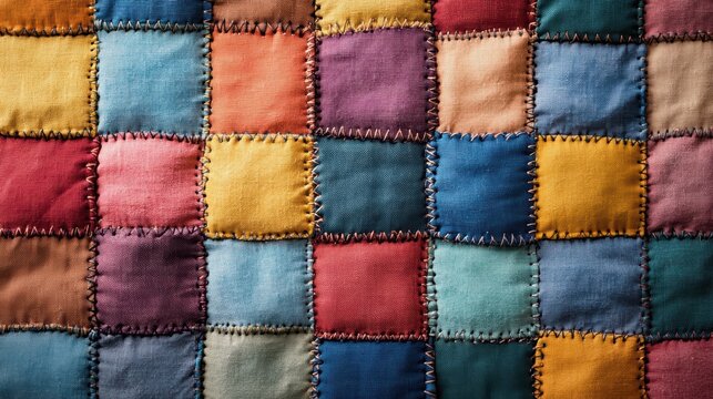 A patchwork quilt texture background with colorful stitched squares