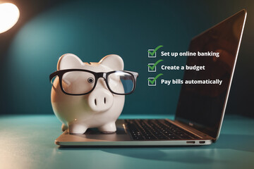 Piggy bank wearing glasses sits on laptop, checklist shows online banking, budgeting, automatic bill pay, symbolizing financial planning and technology use for savings