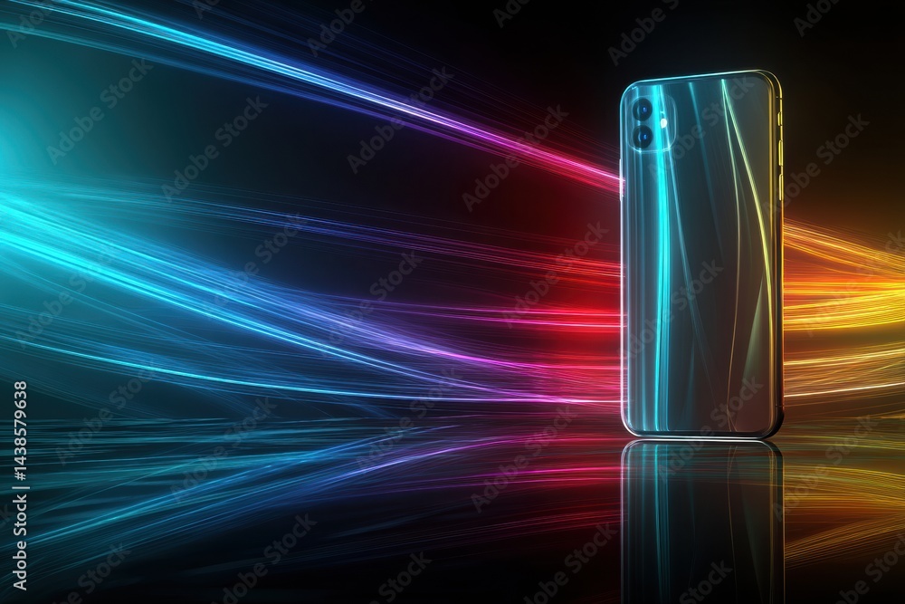 Aufkleber Neon Smartphone Illuminated by Colorful Light Streaks on a Dark Abstract Background