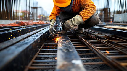 Construction Worker Welding Steel Beams