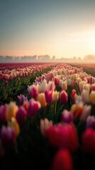 Vibrant Field of Tulips Stretching to Horizon with Sunlit Glow on Colorful Petals