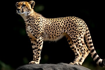 Obraz premium Cheetah Standing Alert on Rock, Spotted Coat in Dark Setting