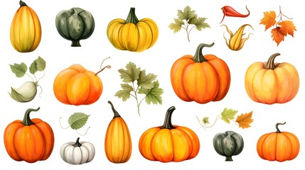 Collection of Isolated Autumn Pumpkins and Squashes on White Background for Seasonal Designs