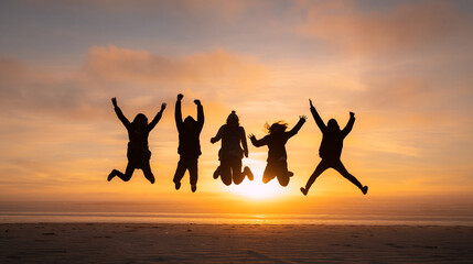 Silhouettes of four people joyfully jumping at sunset beach, symbolizing freedom, happiness, and togetherness