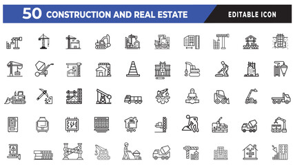 Construction and Real Estate Icons related to Property Development, Housing Project, Construction Site, Building Progress, Land Development, House Planning, Apartment, Architecture, Housing Expansion 
