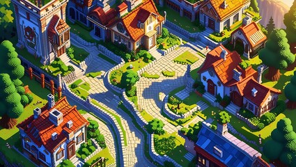 Fototapeta premium Charming Pixel Art Village Overhead View – Vibrant, Ultra-High-Resolution Illustration