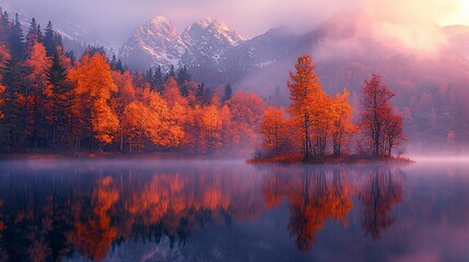 Autumn sunrise, mountain lake reflection, misty forest
