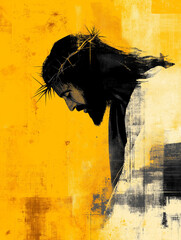 Dramatic Stylized Portrait of Jesus Christ in Profile with Crown of Thorns &ndash; Golden Textured Background 