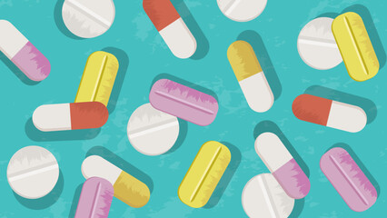 Medical patterned background with different capsules and tablets. Textured vector illustration.