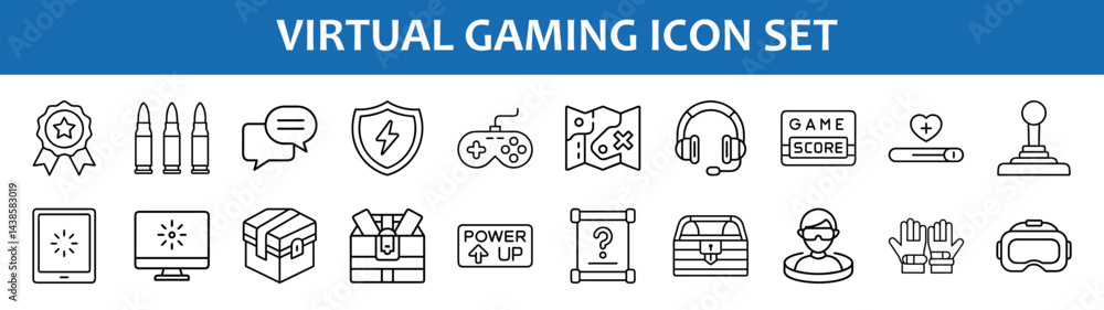 Poster virtual gaming icon set vector illustration with joystick headset map and game score icons vector