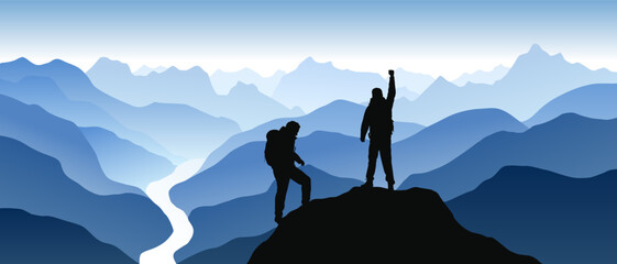 Beautiful blue vector landscape with hikers on top of mountain doing victory pose and  looking at curvy river meandering in mountains. Achieving goals.