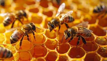 A close-up of bees inside their hive, gathering nectar and filling the hexagonal honeycomb cells with golden honey. The shiny, amber honey contrasts with the waxy texture of the hive.