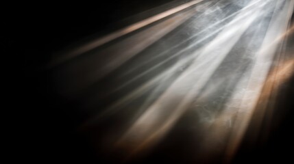 Angled smoky light beams pierce murky darkness with ethereal radiance asymmetric layered