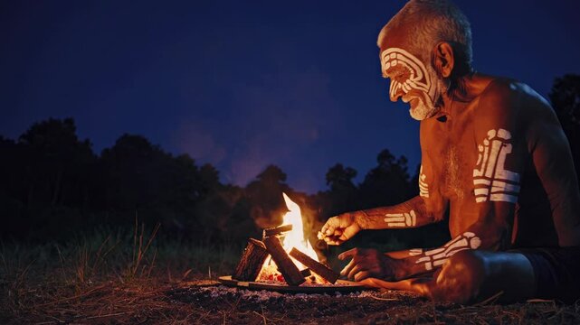 Elderly Aboriginal man with traditional body paint smiling warmly by a campfire at night outdoors