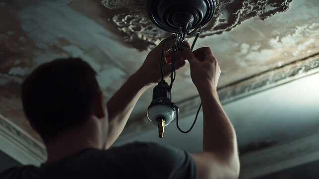 Man Installing or Repairing a Ceiling Light