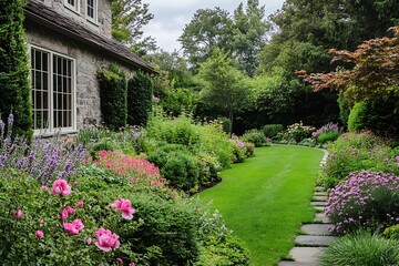 Obraz premium Lush Garden Retreat: Vibrant Flowers and Lush Greenery Surrounding a Stone Cottage 
