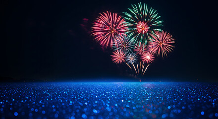 Fototapeta premium Vibrant colorful exploding fireworks illuminating the dark night sky above a sparkling blue glitter ground, concept for celebration events, holiday greetings and festive party invitations