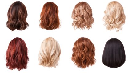 Variety of Eight Hairstyles with Different Colors and Textures on Transparent Background