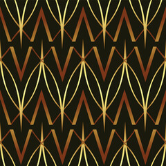 Seamless Art Deco geometric pattern featuring intertwining gold and bronze lines on a deep brown background. This sophisticated, minimalist design is perfect for textiles, wallpaper, home decor