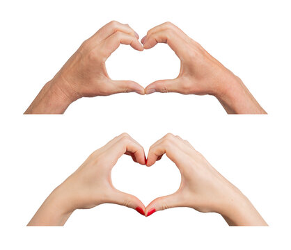 Hands forming a heart gesture, symbolizing love and connection, man and woman arms. A romantic and affectionate symbol of togetherness and intimacy, isolated on white background..