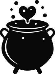 flat cauldron with bubbling love potion on white